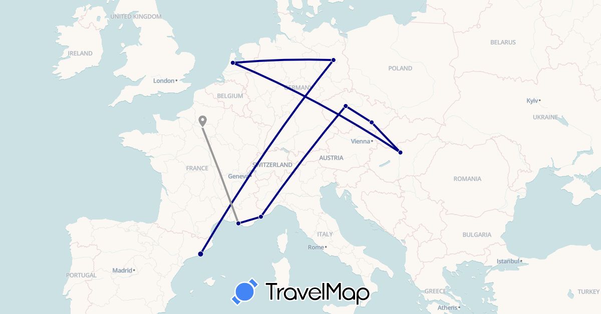 TravelMap itinerary: driving, plane in Czech Republic, Germany, Spain, France, Hungary, Netherlands (Europe)